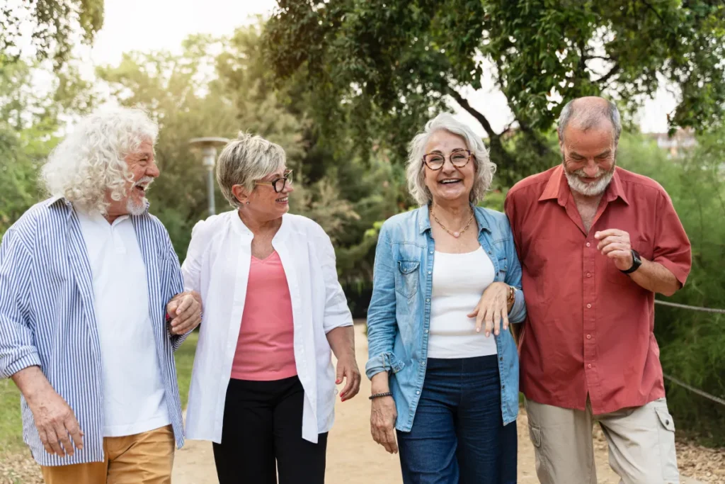 A group of seniors walking together outside